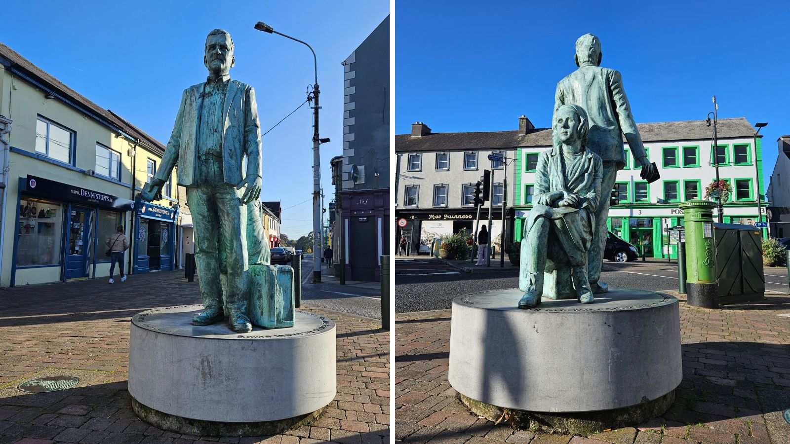 Copper statue of man and woman with suitcase all on top of a circular pedestal